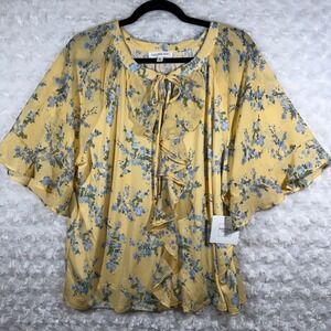 Perseption Concept Women XL Yellow Floral Ruffle Tie Neck Blouse NEW